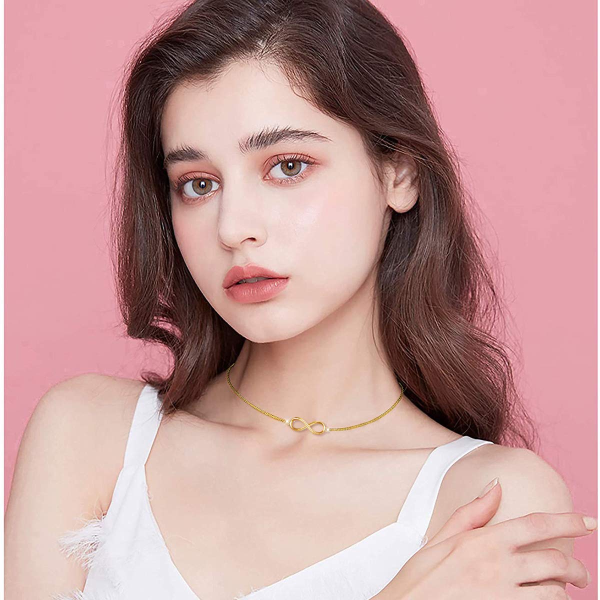DAOCHONG S925 Sterling Silver Gold Infinity Choker Short Dainty Minimalist Necklace Pendant for Women Jewelry Gift
