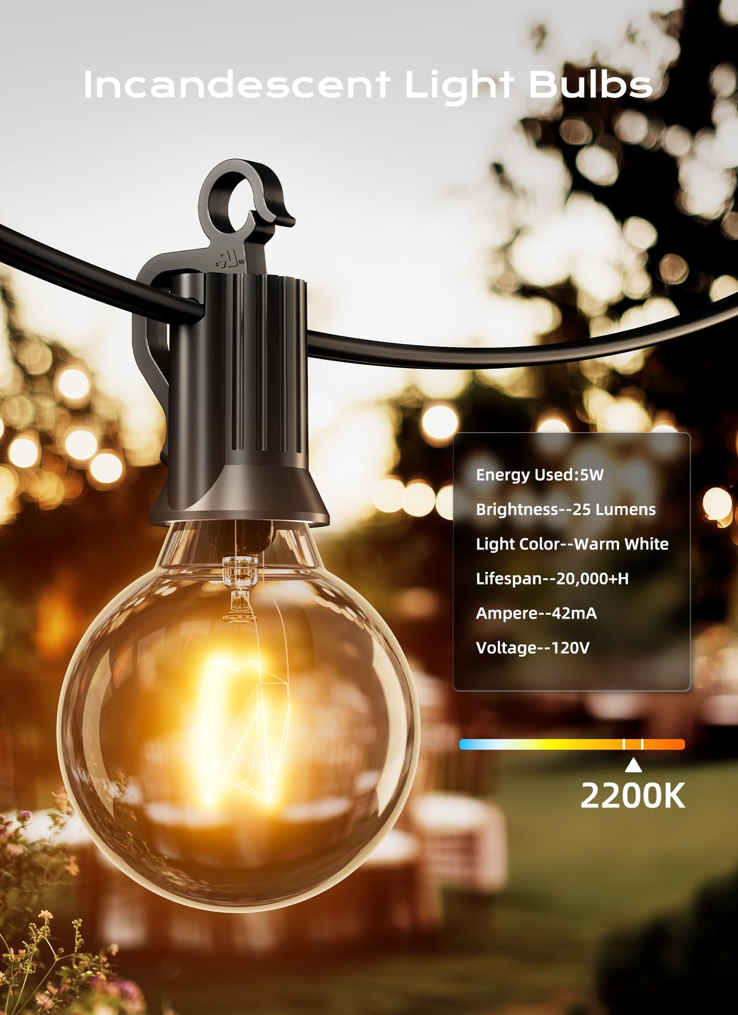 Brightown G40 Clear Light Bulbs Outdoor Light Bulbs Globe E12 Candelabra Screw Base, Incandescent Round Warm Replacement Glass Bulbs for Patio String Lights, 5W 120V, Pack of 50