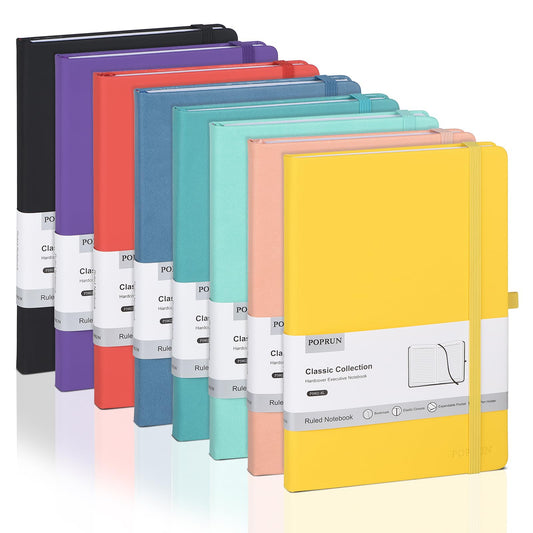 POPRUN A5 Lined Journal Notebooks, 8 Pack Leather Hardcover Thick Notebook for Writing, Business Work, Travel, School, College, 5.5 x 8.3 inch, 240 Pages Classic Ruled Journals Notepad, Multicolored