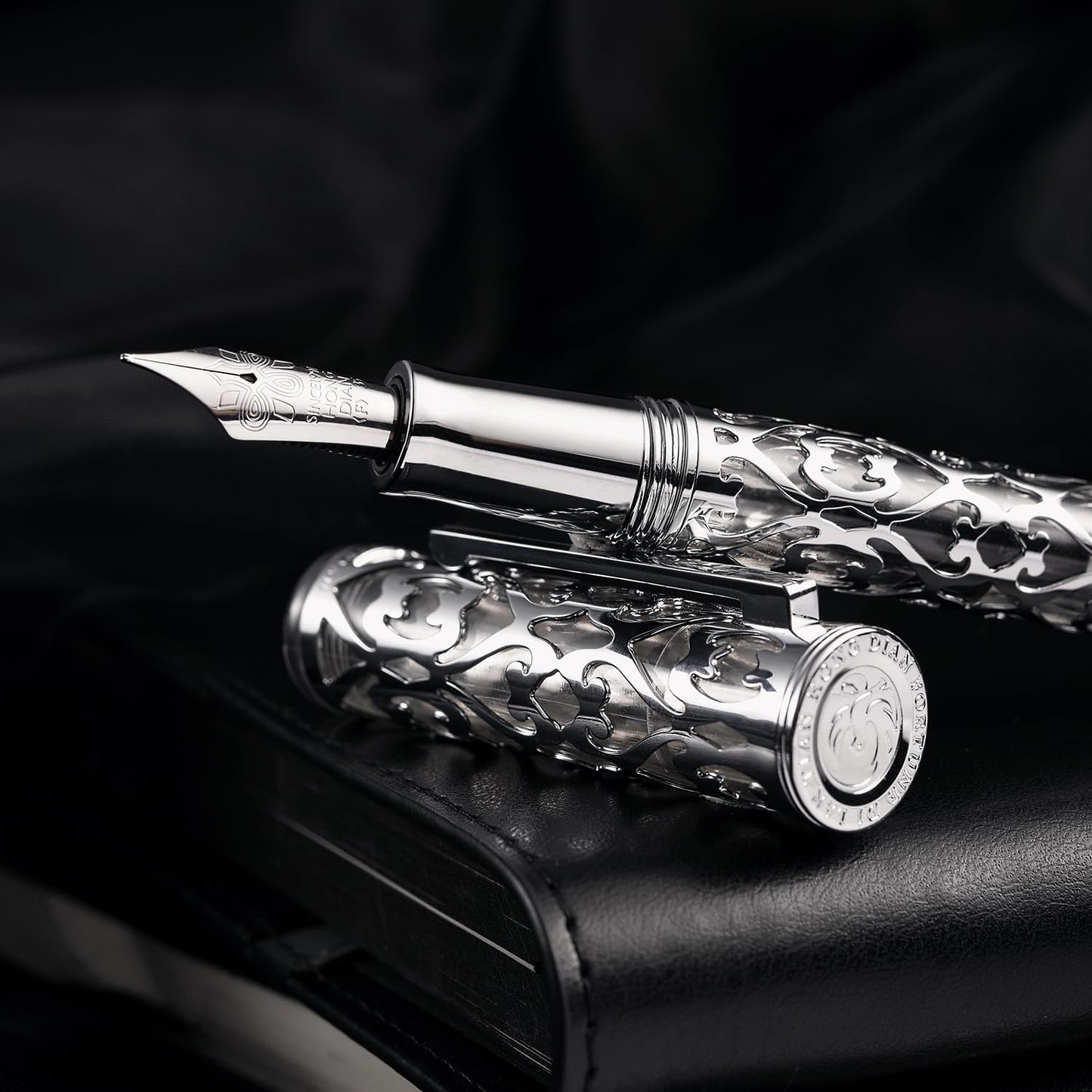 HONG DIAN D1 Piston Fountain Pen Fine Nib, Hollow Skeleton & Resin with Metal Case Set (Silver)