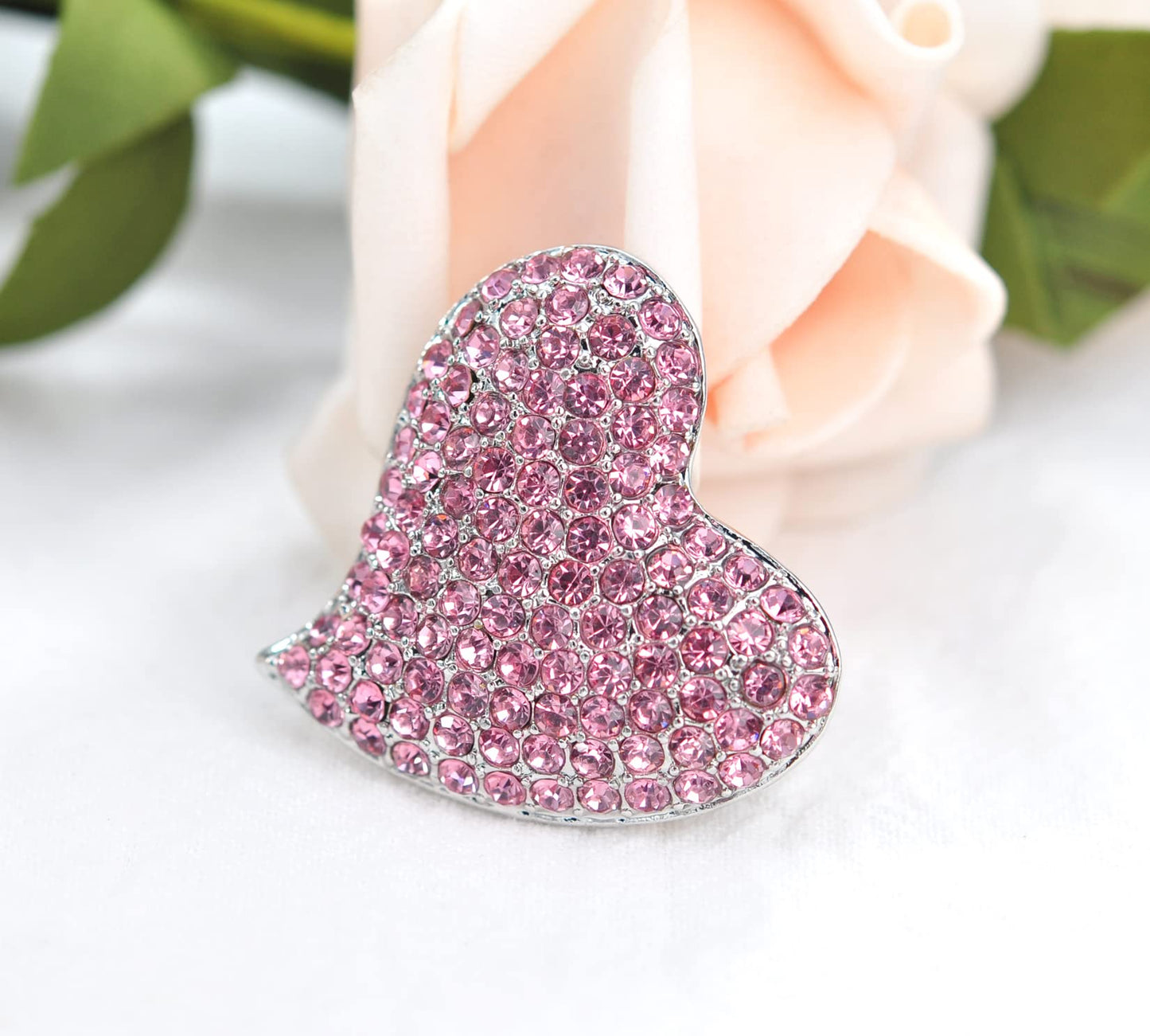 Gyn&Joy Silvery Tone Austrian Crystal Love Heart Brooch Pin BZ264 (Pink)