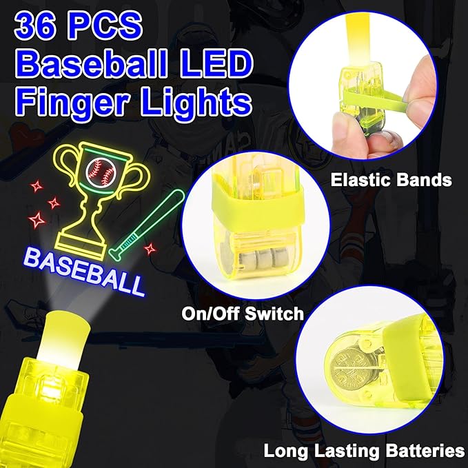 36Pcs Baseball LED Finger Lights Sport Party Favors Glow in the Dark Light Up Finger Lights Themed Bulk for Birthday Party Goodie Bag Stuffer Birthday Gifts Prize