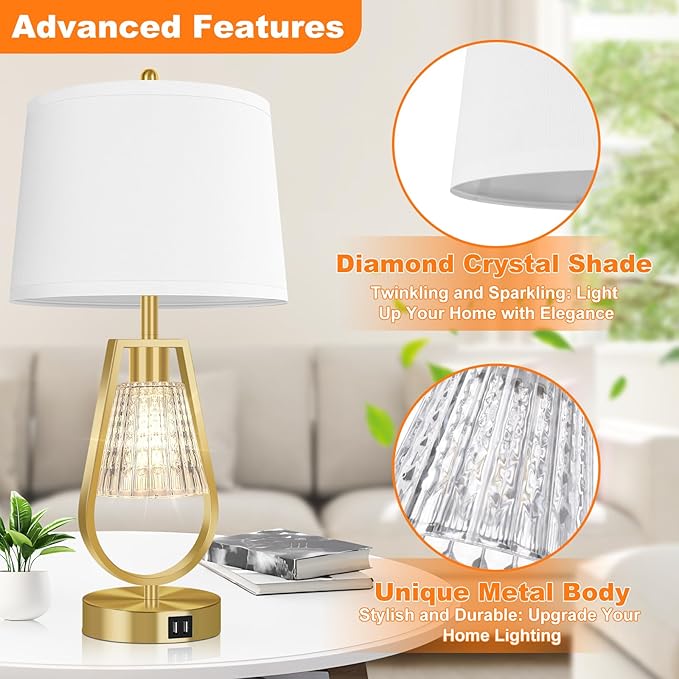VerRon Set of 2 Touch Control Table Lamps, Dimmable Nightstand Lamps with 2 USB Ports, Bedside Lamps with Night Light, Gold Lamps with White Shade for Living Room Bedroom, 4 Bulbs Included