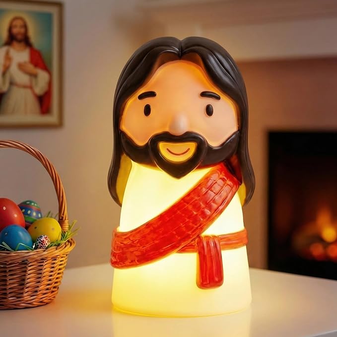 Cute Jesus Night Light, Jesus Gift, Dimmable PVC Christian Lamp, USB Rechargeable Touch Bedside Light, Baptism Favor, Easter & Religious Gifts (3 x 5 Inch)(Red)