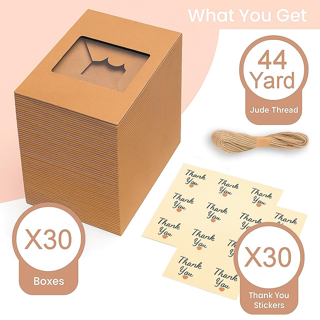 Leafiew 30 Pack Cookie Boxes with Window for Gift Giving – 9x6x3 Inches Bakery Boxes - Small Cookie Containers for Treats, Desserts, Strawberries, Cupcake, Pastry, Charcuterie, Baked Goods (Brown)
