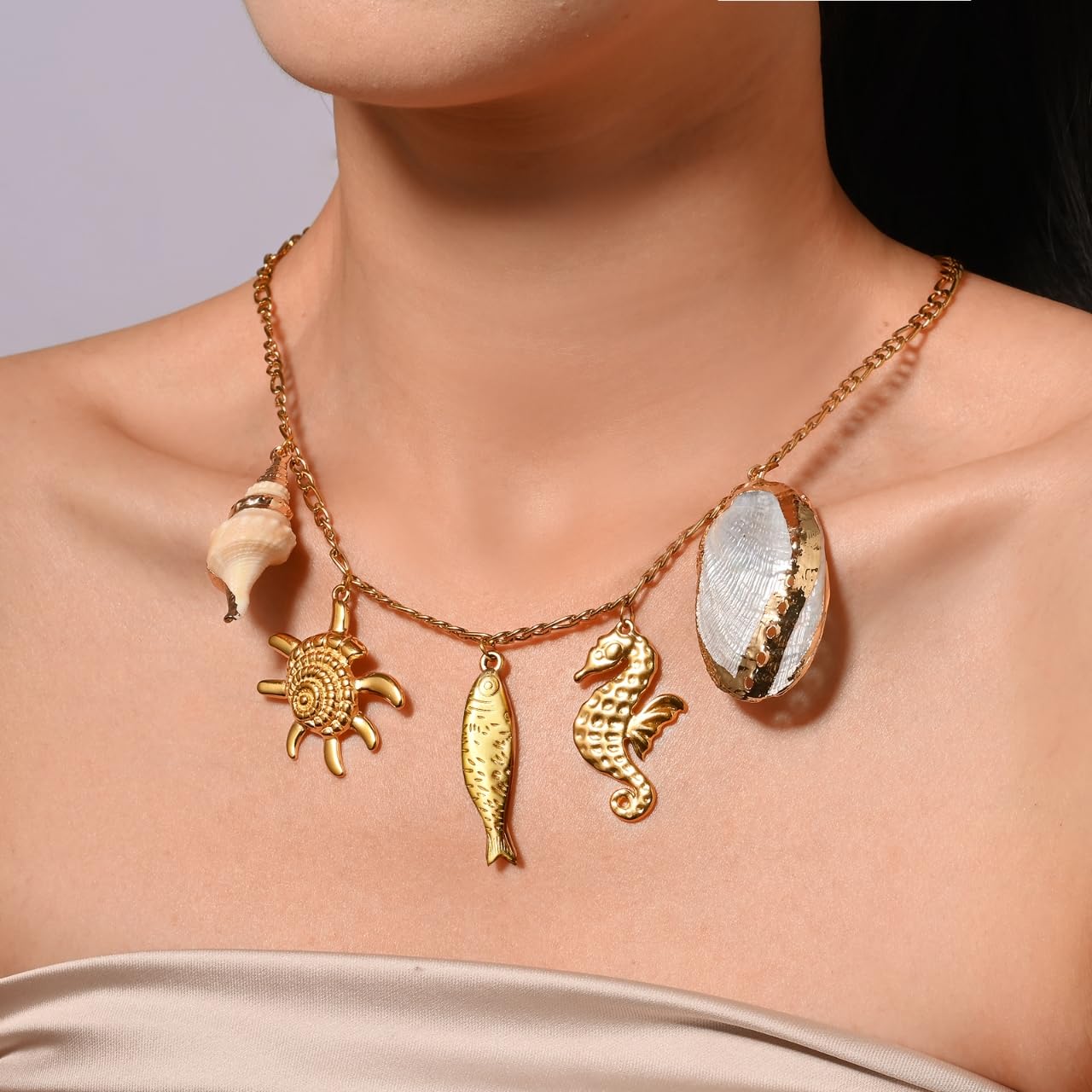 BTTLVZC Summer Beach Charms Necklace for Women Gold Fish Conch Seahorse Shell Charms Choker Necklace Trendy Ocean Theme Vacation Jewelry Gifts(Style-A)