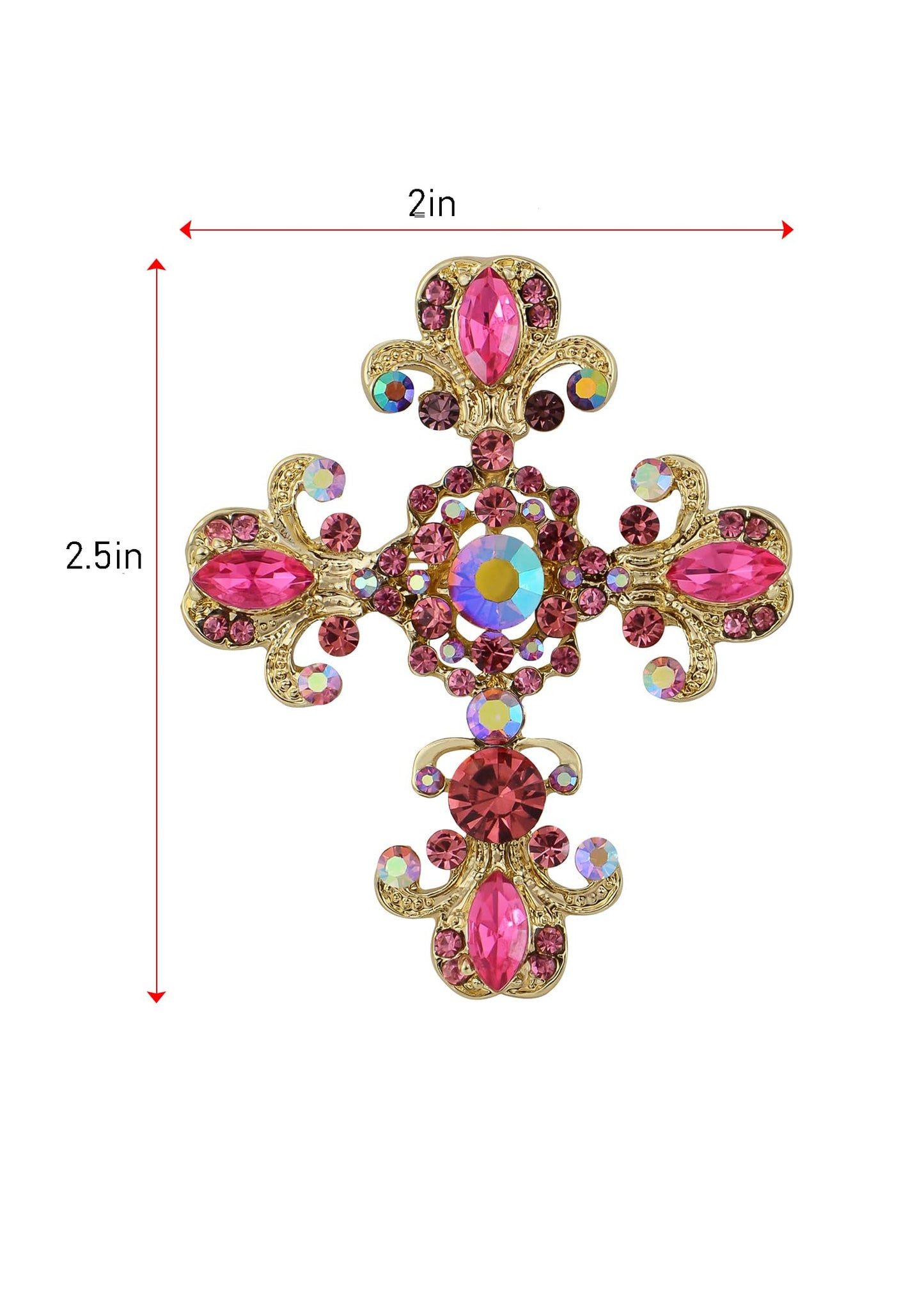 Alilang Roman Catholic Victorian Religion Christian Holy Cross Pink Rhinestones Pin Brooch With Pendant Loop, Pink/Gold