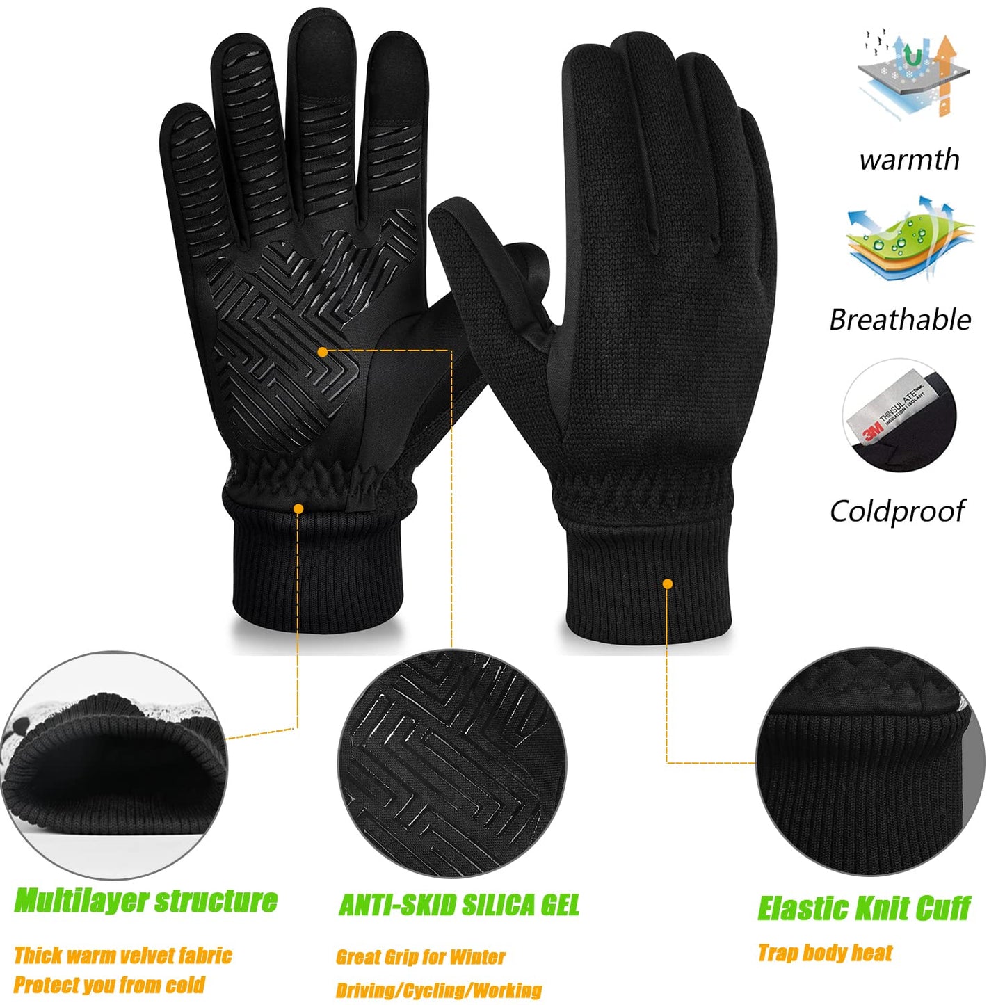 MOREOK Winter Gloves for Men/Women -10°F 3M Thinsulate Warm Touch Screen Snow Ski Bicycle Bike Gloves for Driving/Cycling/Running/Hiking-Black-L