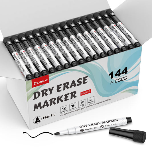 Comix Magnetic Dry Erase Markers, Black Color, 4 Sets of 36 Markers, 144 Markers Total, Fine Tip Whiteboard Markers for Teachers School & Office Supplies