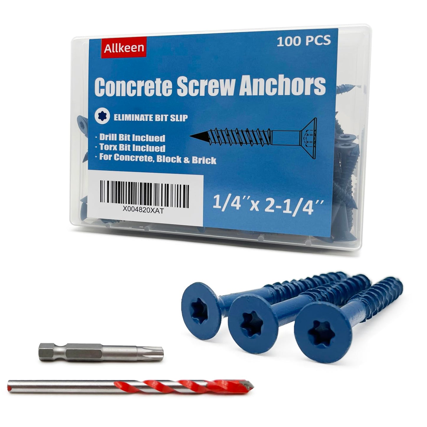 Allkeen 1/4" x 2-1/4" Concrete Screws, Anchoring to Masonry, Brick, Block, Cement or Stucco, 100PCS