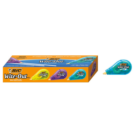 BIC Wite-Out Mini Correction Tape, White, No Dry Time, Long Lasting, 12-Count