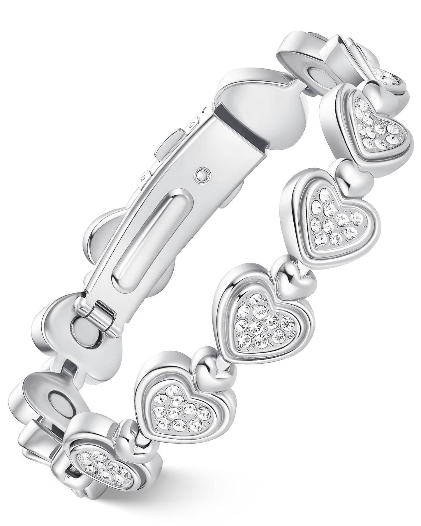Feraco Pure Copper Bracelets for Women, Ultra Strength Magnetic Bracelet for Women with 3800 Gauss Magnet & Dazzling Austrian Crystals Stone, Heart-Shaped (Silver, 7.68 inches (19.5cm))