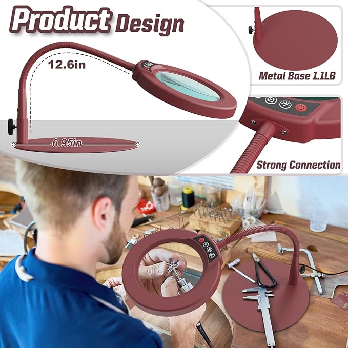 10X Magnifying Glass with Light and Stand, 5 Color Modes Stepless Dimmable LED Lighted Desk Lamp, Hands Free Flexible Gooseneck Magnifier with Light for Craft Hobby Painting Close Work - Red