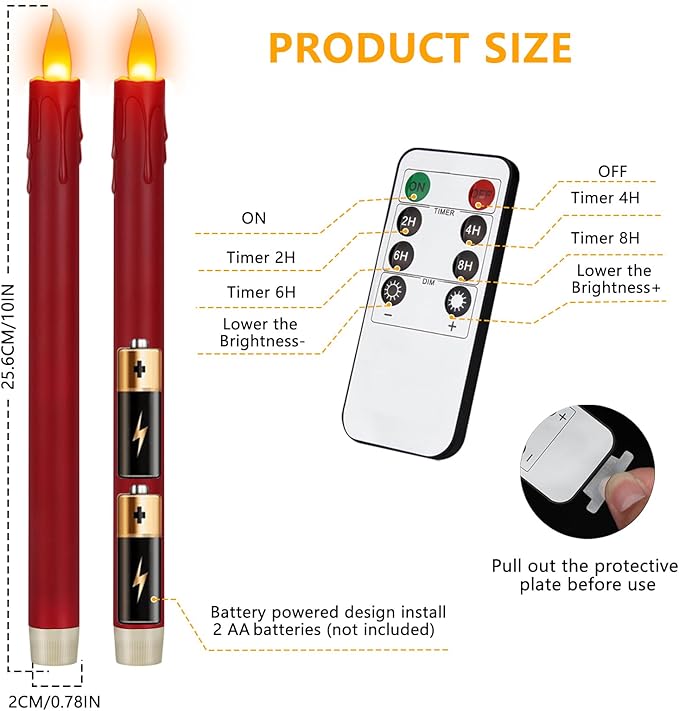 12 Pcs Burgundy Flameless Taper Candles with Remote, 10" Tall Electric Led Candlesticks, Plastic Battery Operated Taper Candles for Halloween Dinner Party Wedding Birthday Home Décor