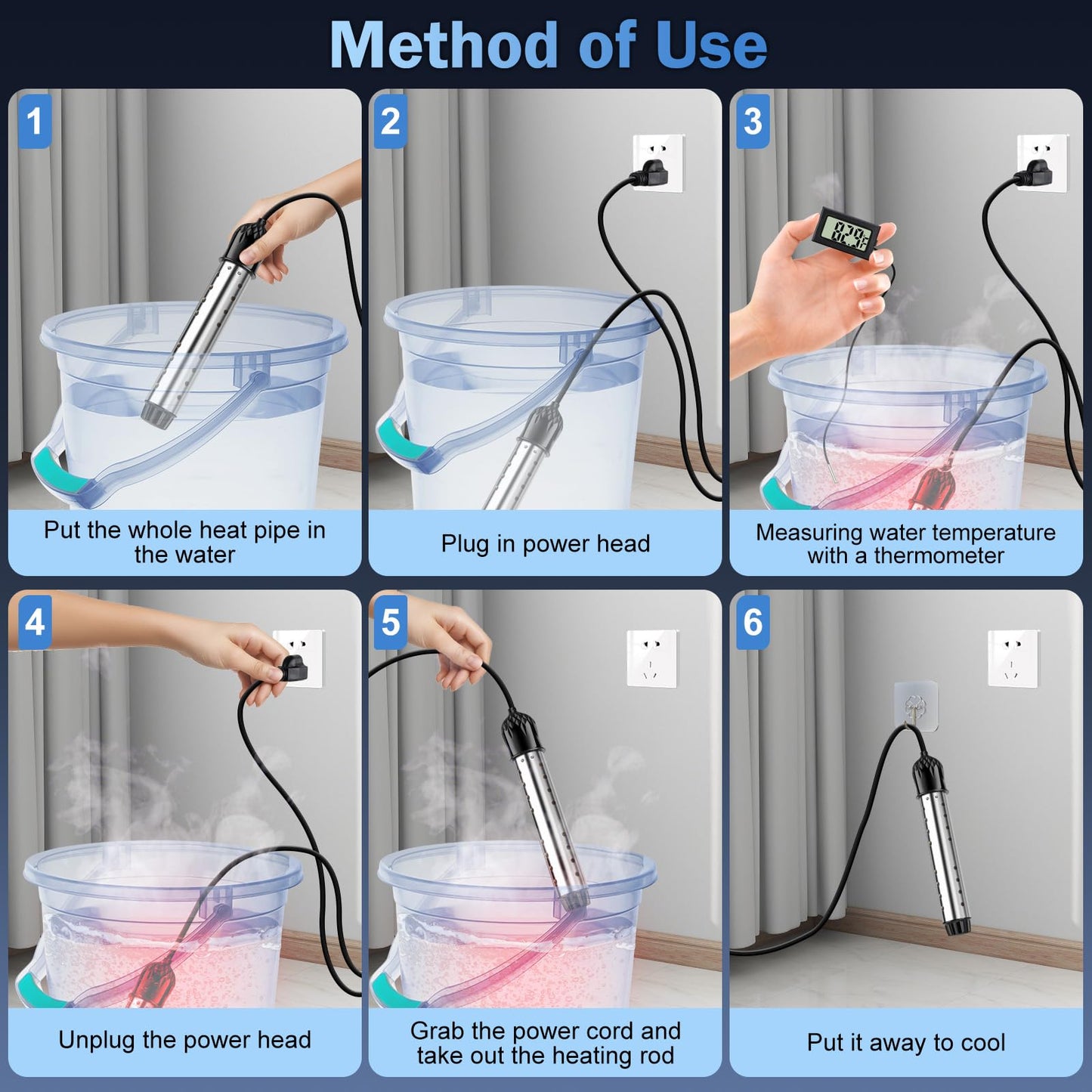 Portable Water Heater 2000W, Pool Heater - Immersion Heater with Digital Thermometer, Upgraded Magnesium Oxide Heating for Fast Heating, for Small Pools, Bathtubs, Buckets, Tanks