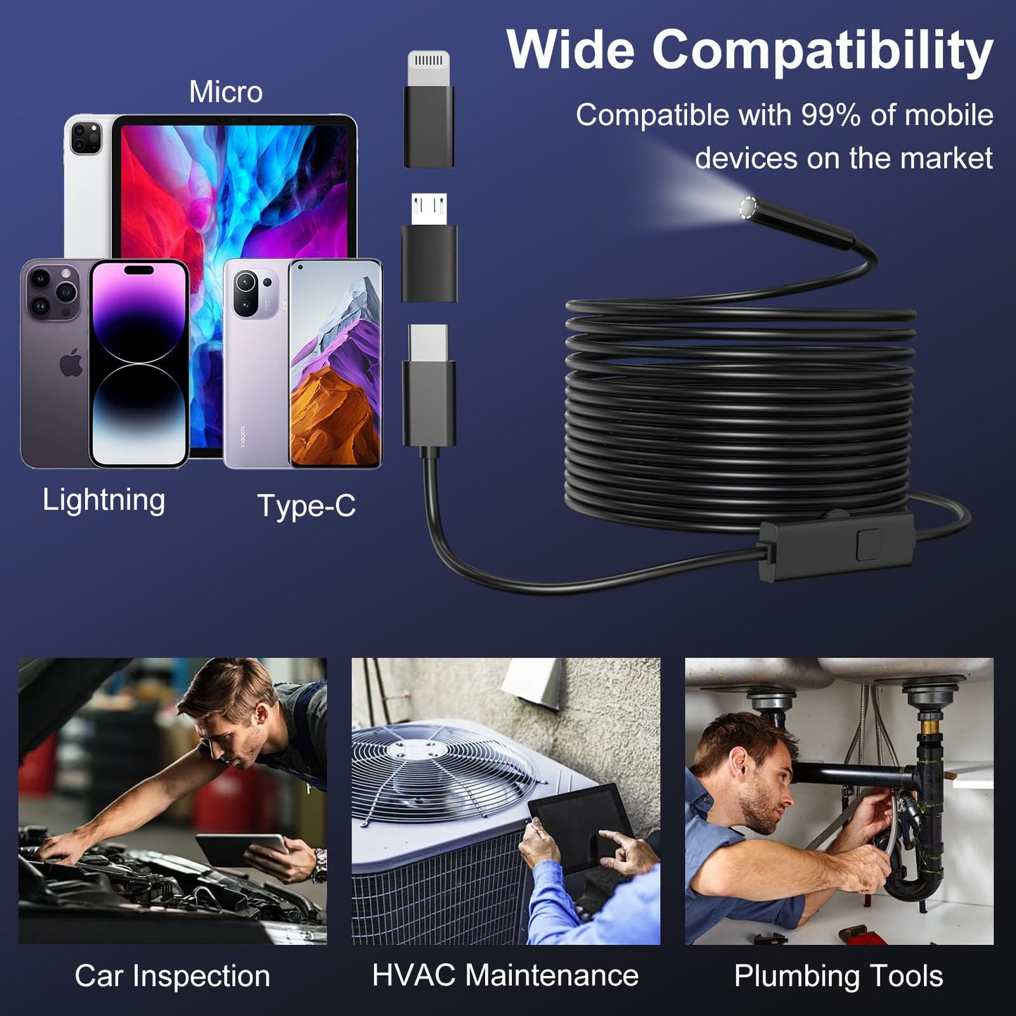 CTEOUNPT Endoscope Camera with Light, 1920P HD Borescope Inspection Camera with 8 Adjustable LEDs, IP67 Waterproof Semi-Rigid Snake Cable for Android, iPhone, and iPad(32.8ft, Single Lens)