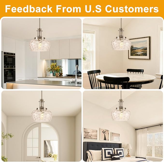 Modern Pendant Lights Kitchen Island, Brushed Nickel Pendant Light Fixtures with 10" Clear Hammered Glass Shade, Industrial Hanging Pendant Lights Fixture for Kitchen Island Dining Room Bedroom Foyer