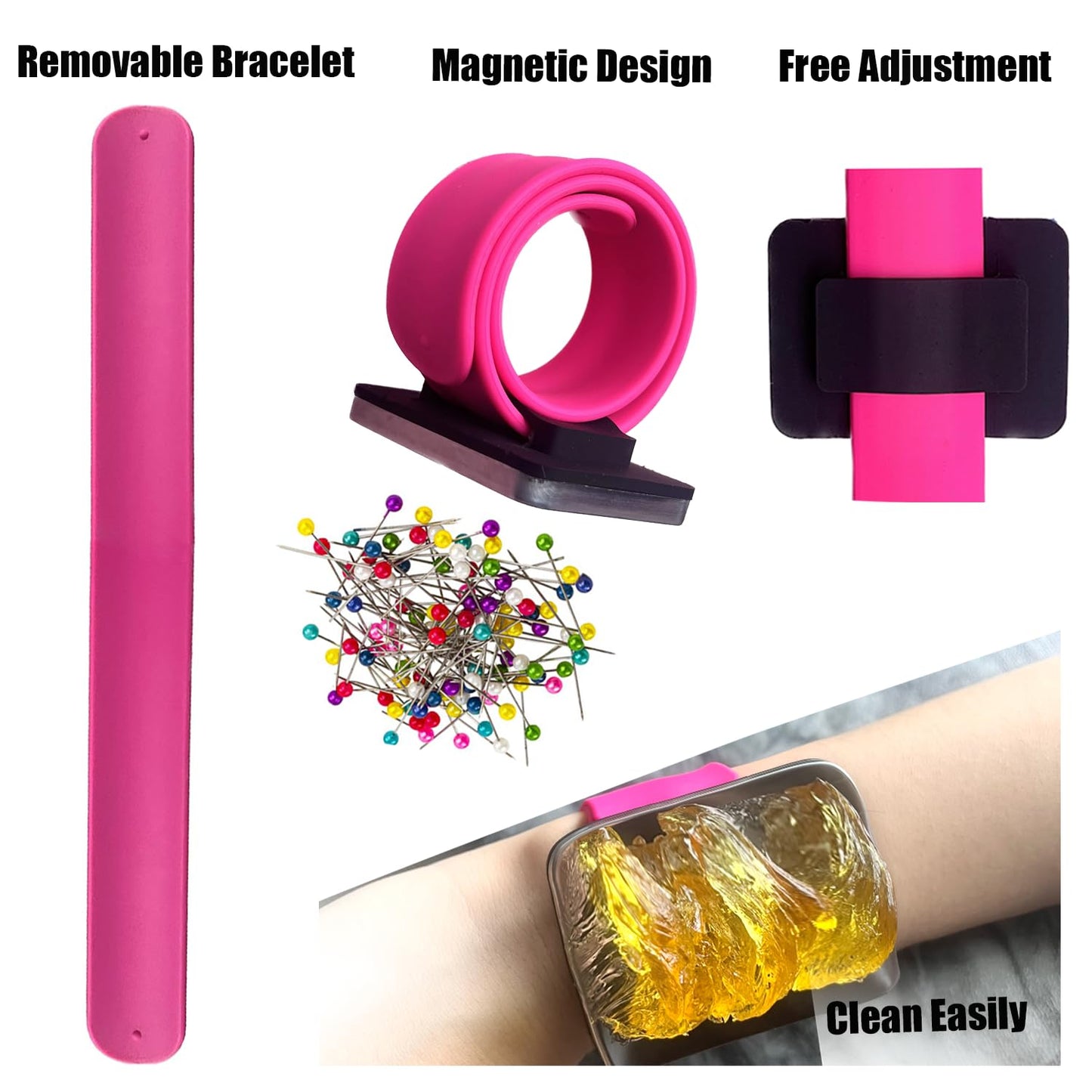 Magnetic Wristband for Hair Stylist Pin Wristband Wrist Pin Holder Braiders Wristband with 4 Pieces Hair Rat Tail Combs 6 Pieces Plastic Clip (Hot Pink)