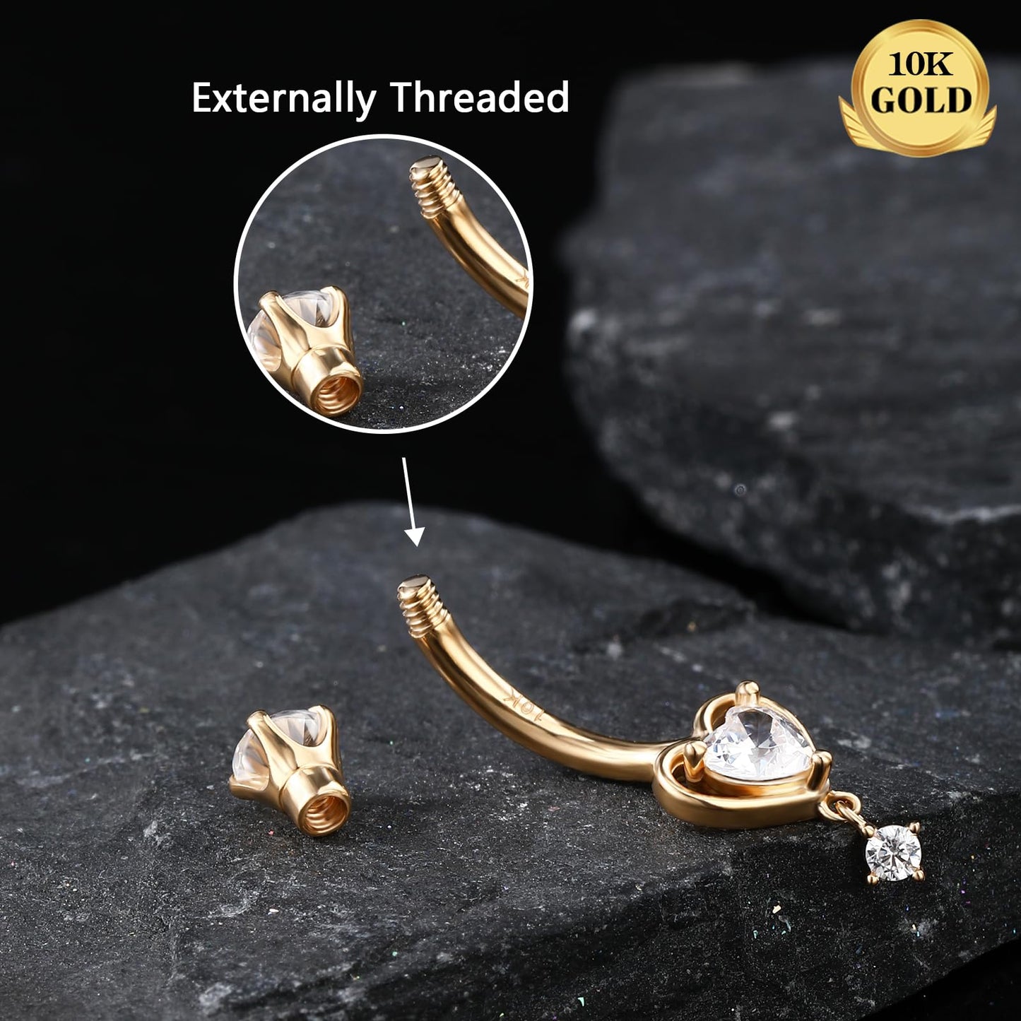 Melighting 10K Solid Gold Belly Button Ring Heart Belly Ring Gold Dangle Belly Piercing Jewelry 14G Navel Ring for Women