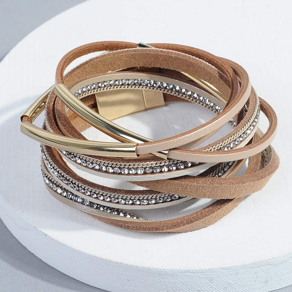 Artilady Leather Bracelets for Women-Boho Wrap Bangle Multi-Strand Stacking Bracelets With Magnetic Clasp Jewelry for Women Trendy