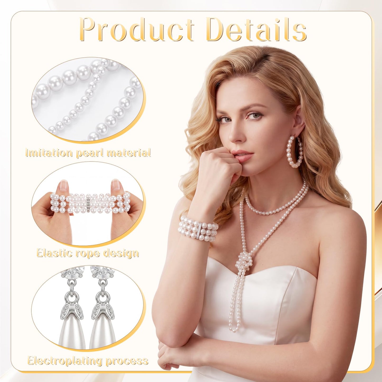 Huwena 15 Pcs Pearl Jewelry Set with Necklace, Earrings, Bracelets and Ring, Pearl Necklaces for Women, Faux Pearls Set Jewelry for Wedding Bridal Shower Christmas Tea Party