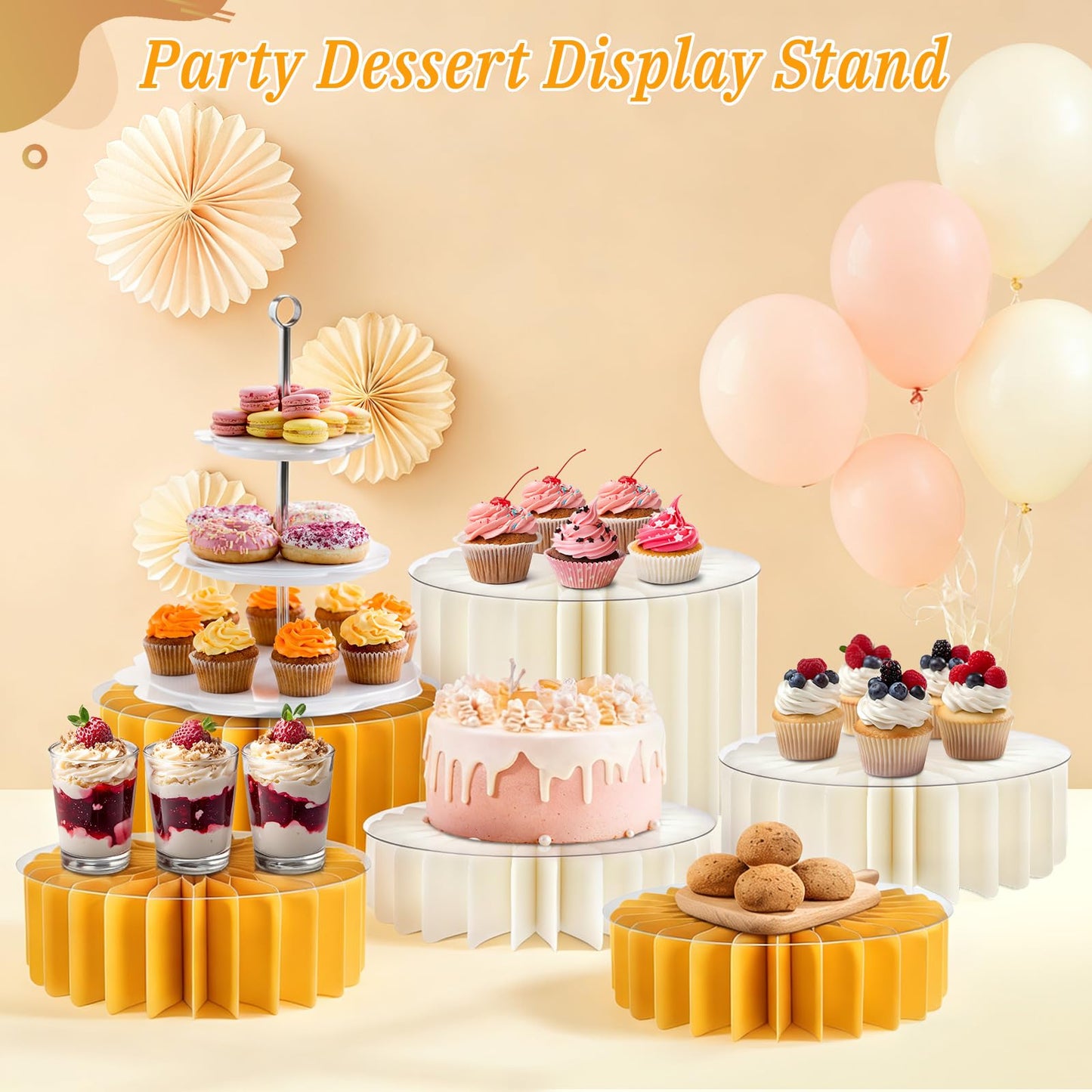 Youjoitim 6Pcs Buffet Risers, Food Risers for Table, Foldable Cake Display Stands, Tall Cardboard Cupcakes Stand for Show Catering Desserts Jewelry Wedding Birthday Party Decoration (Yellow White)