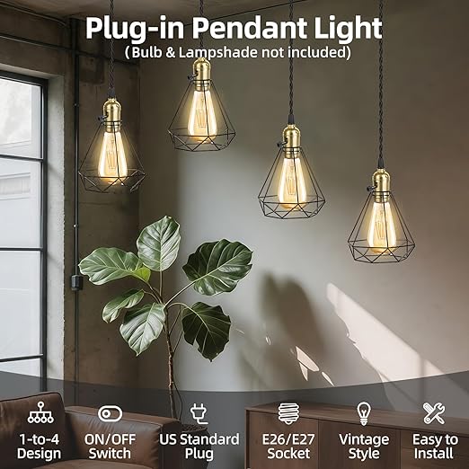 Vintage Plug-in Pendant Light Kit with 1-to-4 Hanging E26/E27 Sockets, Industrial Hanging Light with Individual Rotary Switches, Easy DIY Lighting for Living Room, Patio and Plant Corners, Gold