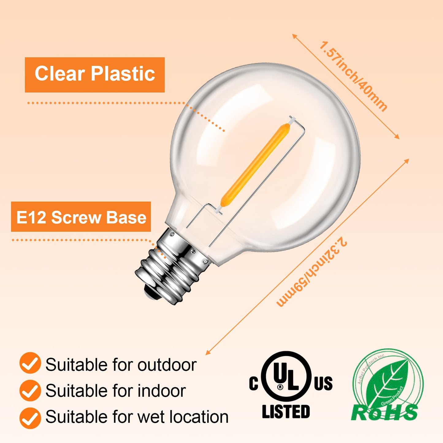 GvvooHome 25 Pack G40 LED Replacement Light Bulbs, Waterproof Clear Globe Light Bulb E12 Screw Base for Outdoor String Lights, Patio Cafe Décor, Dimmable, Warm White