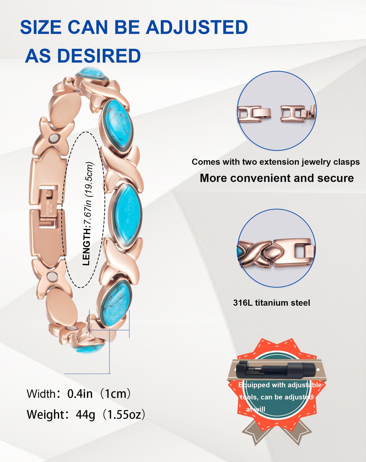 MagSølv Magnetic Bracelets for Women, Stainless Steel Magnet Bracelet with Inlaid with 3500 Gauss Magnets and Turquoise, Adjustable