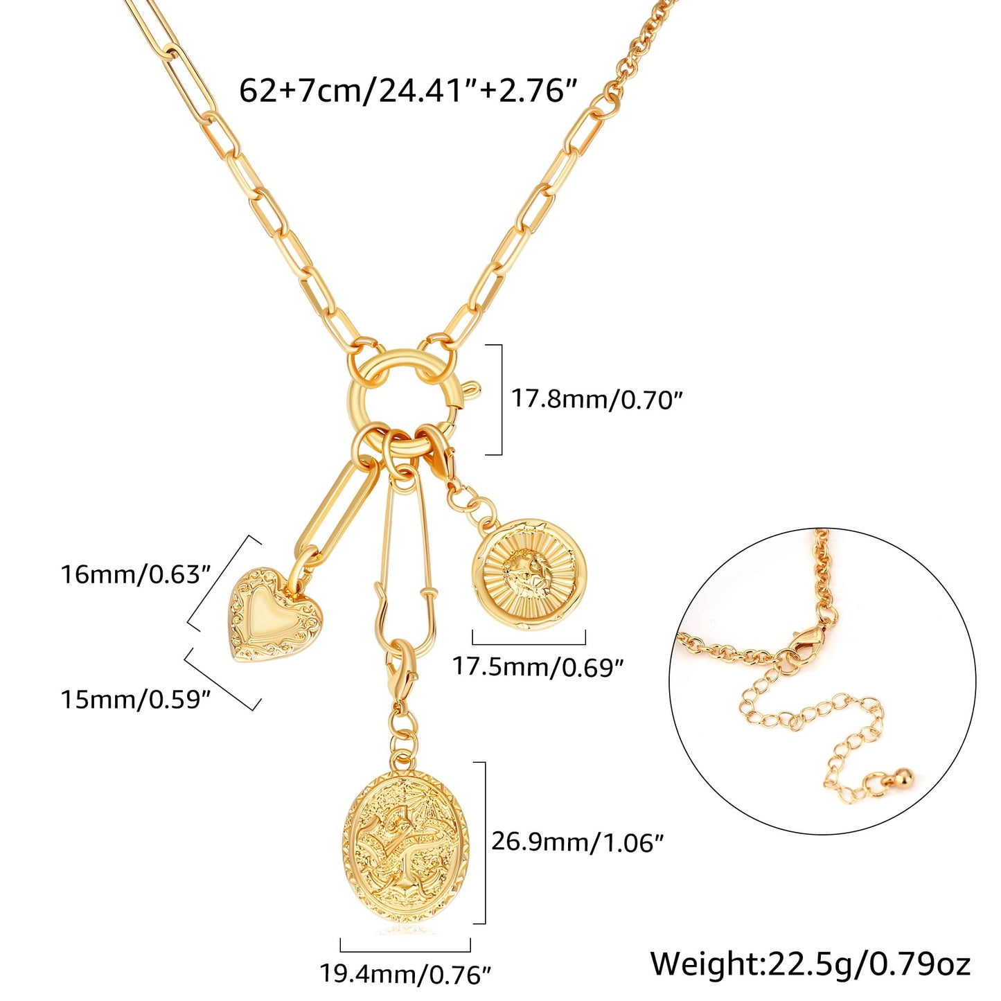 BONJOULRY Charm Necklace for Women Gold Safety Pin Necklace Tarot Card Lion Coin Heart Engraved Vintage Charms Dainty Long Paperclip Chain DIY Pendant Protection Necklace Amulet Jewelry Gifts