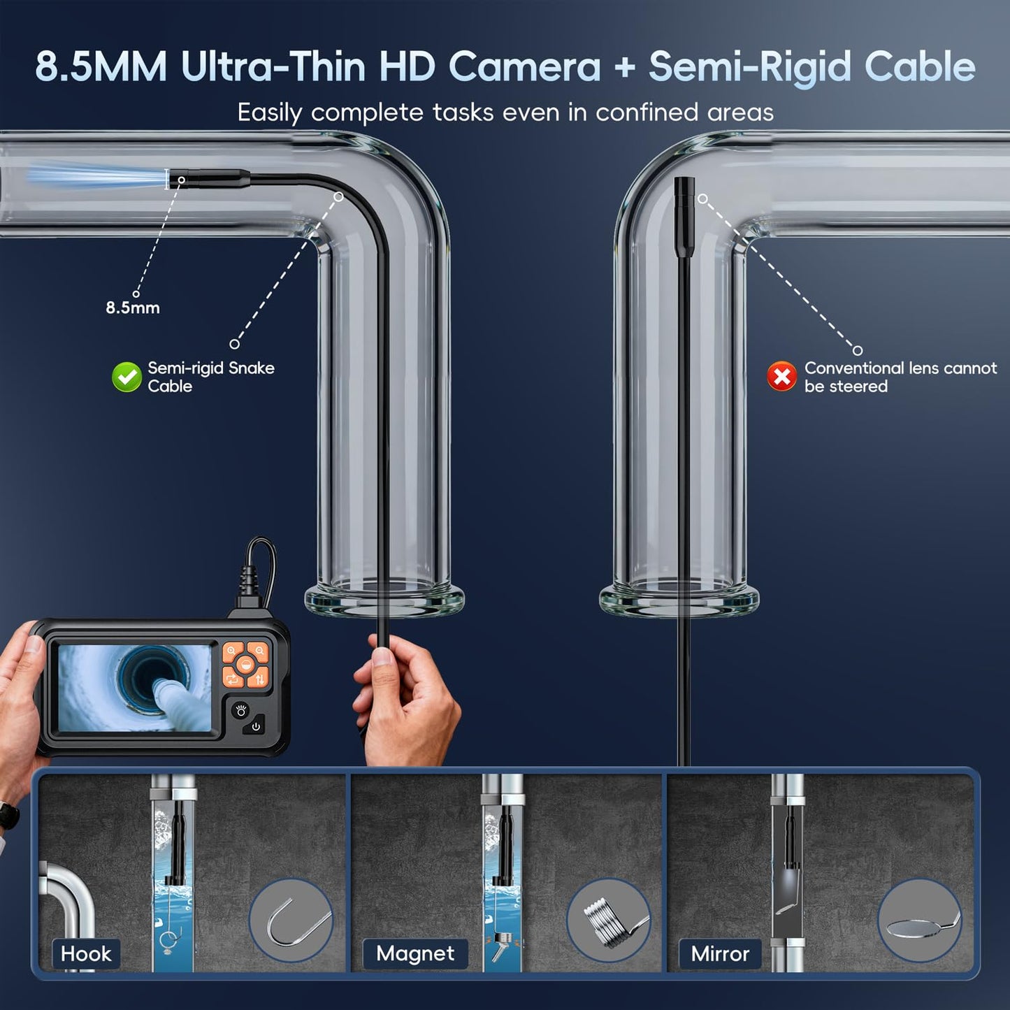 SKYBASIC Industrial Endoscope Borescope Camera with Light, 4.3'' HD Digital Handheld Waterproof Sewer Tools Snake Inspection Camera with 8 LED Lights 16.5FT Semi-Rigid Cable, Gadgets for Men