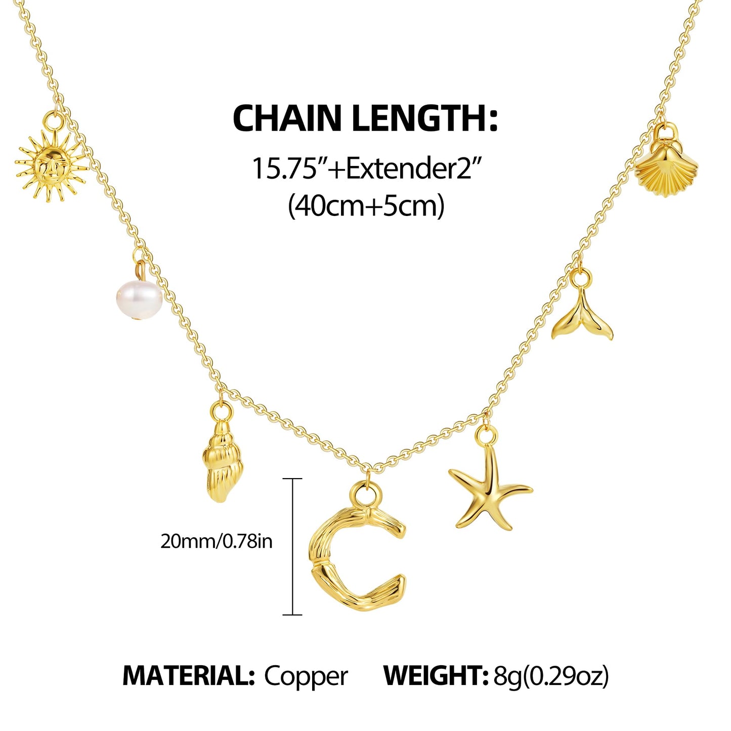 SLOONG Initial Charm Necklace 14K Gold Plated Letter Neckalce Freshwater Pearl Necklace Choker Boho Summer Seashell Beach Starfish Surfer Jewelry Gifts for Women C