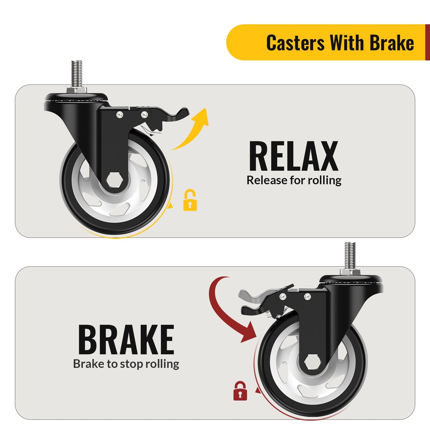 HOLKIE Caster Wheels 4 inch Total Locking Stem Casters, 1/2" -13 x 1(Stem Diameter 1/2", Stem Length 1") Threaded Stem Casters Swivel Casters Set of 8 Heavy Duty Castors Black 8 Pack