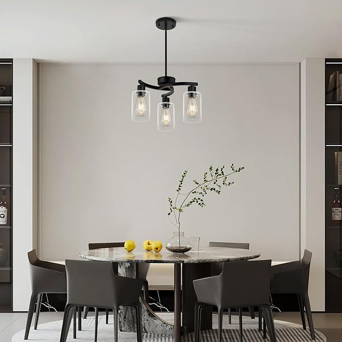3 Light Modern Dining Chandeliers Over Table，Black Light Fixture for Dining Room，Farmhouse Chandelier with Glass Shade，Industrial Pendant Lights Kitchen Island，Foyer,Hallway, Bedroom