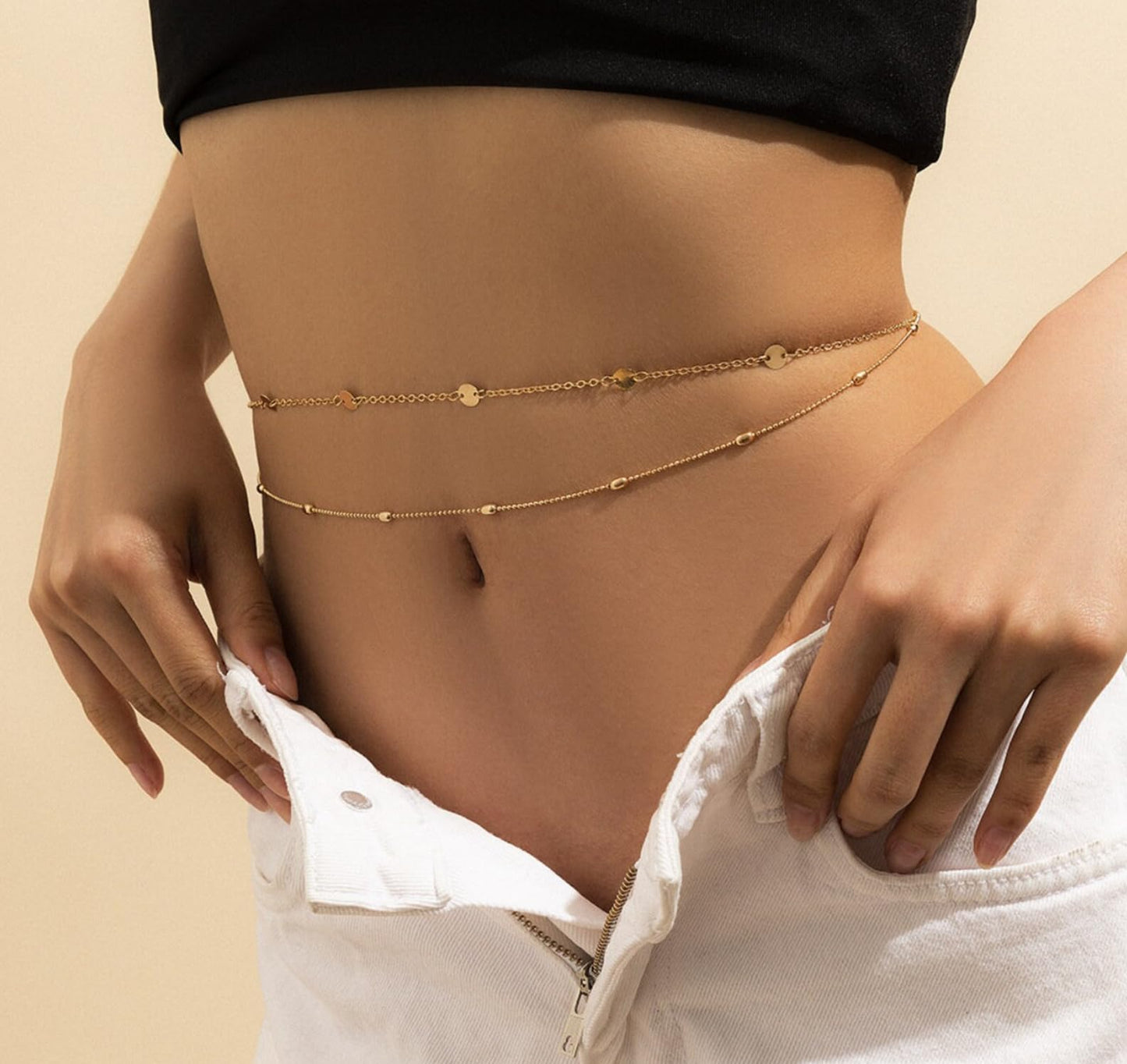 ASCOMY Waist Chains for Women 14K Gold Plated 2Pcs Body Chains Gold Waist Chain Layered Coin Dot Balls Belly Belt Body Chains Adjustable Bikini Body Jewelry Daily Belts Gifts for Women