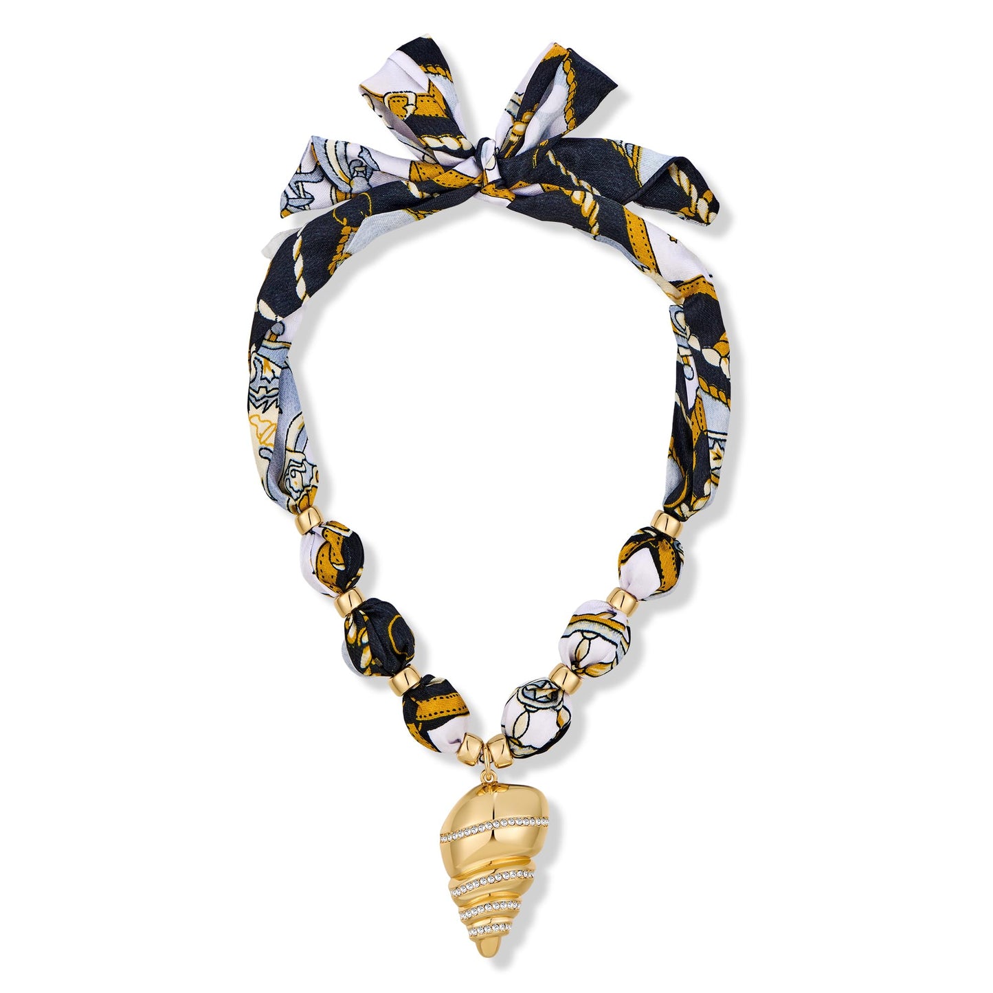 FAUTHENTICUTE Gold Conch Shell Pendant Necklace With Black Printed Ribbon Boho Silk Scarf Statement Necklace for Women Summer Beach Choker Necklaces