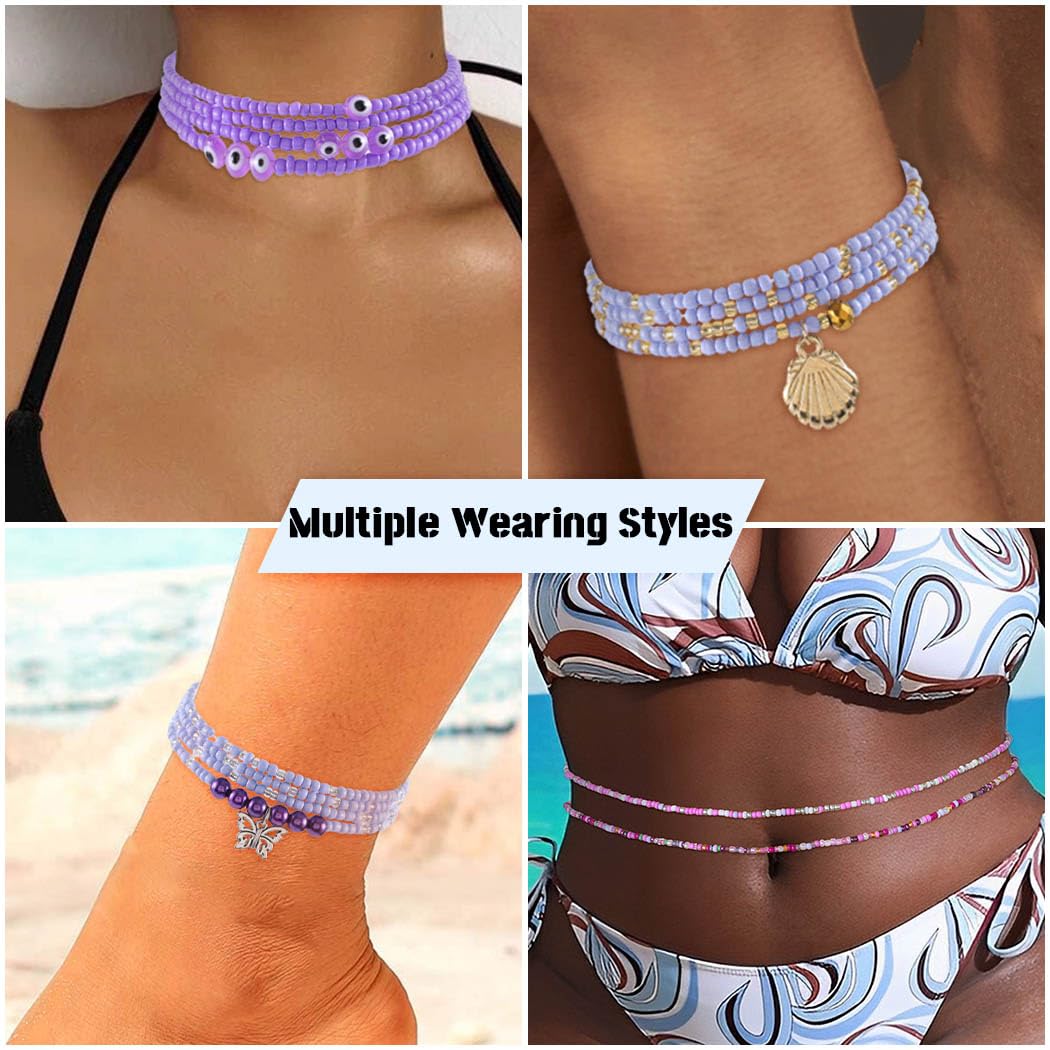 ELABEST 24-39inch African Waist Beads for Women 8Pcs Elastic Belly Beads Colorful Beaded Waist Jewelry Accessories Body Chain (Purple, 39.3inch/100cm)