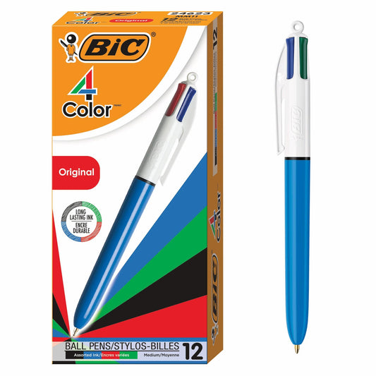 BIC 4-Color Retractable Ballpoint Pens with 1.0 mm Medium Point and Assorted Ink Colors, 12-Count Pack