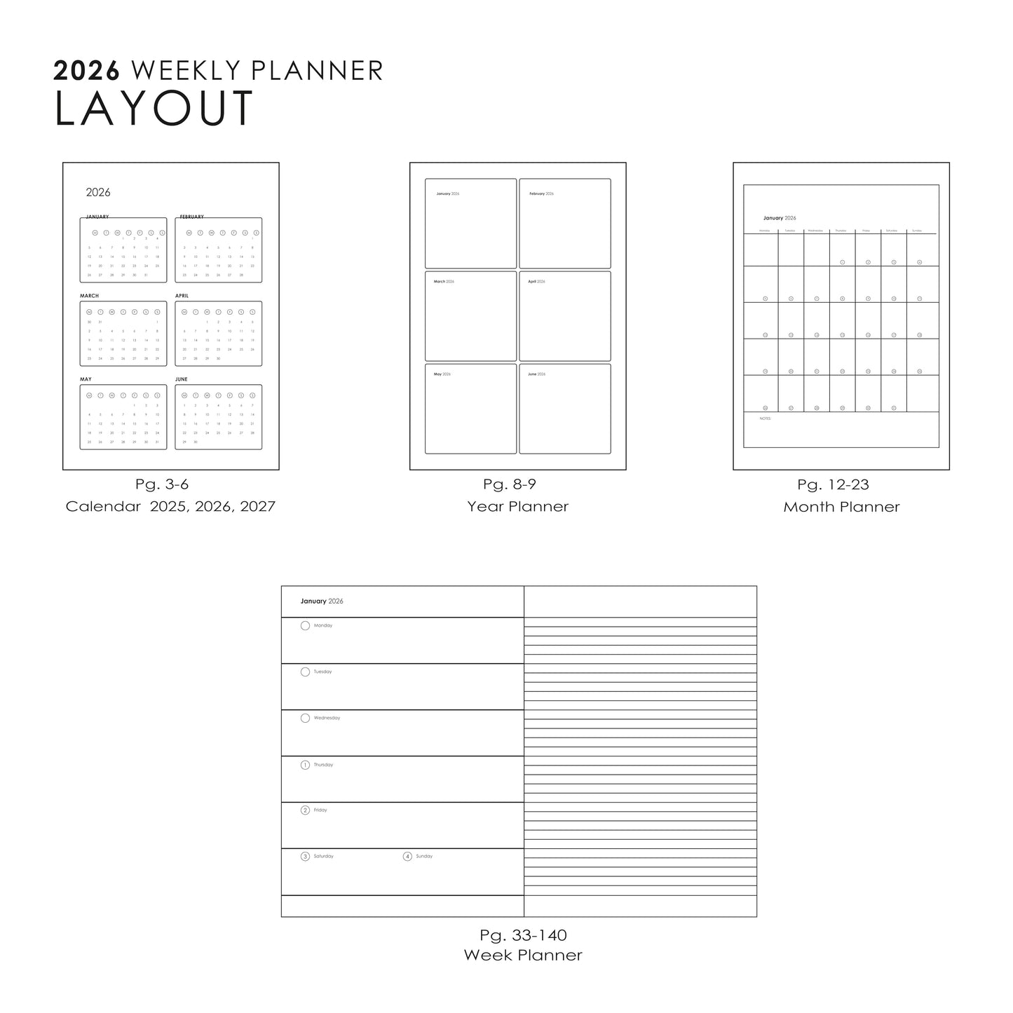 myPAPERCLIP 2026 Weekly Planner | Italian Vegan Leather Cover, 192 Pages, 80 GSM, A5 (5.83 x 8.27 in) | Flat Lay | Yearly Calendar, Monthly Overview & Weekly Planner Layout | Black