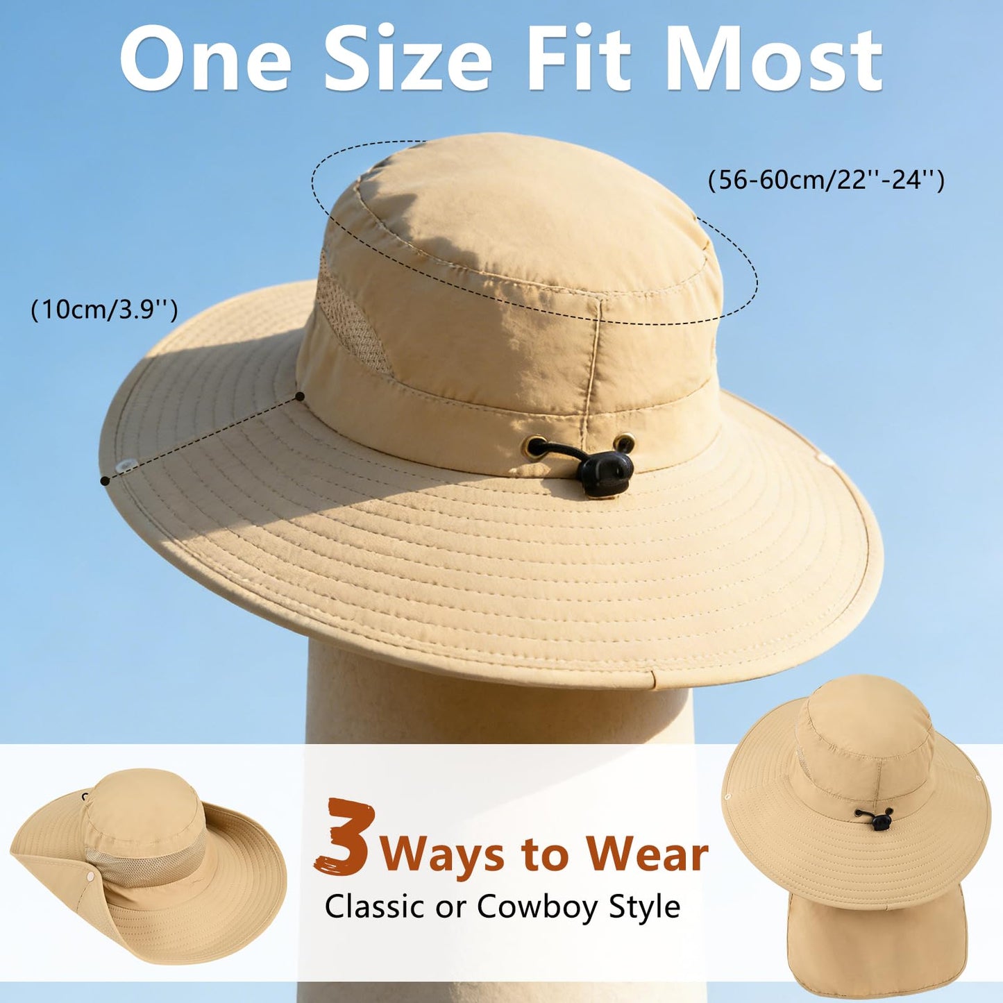 ZOORON Sun Hats for Men Women Fishing Hat with Neck Flap,UPF 50+ Sun Hat Waterproof Wide Brim Bucket Hats for Safari Hiking