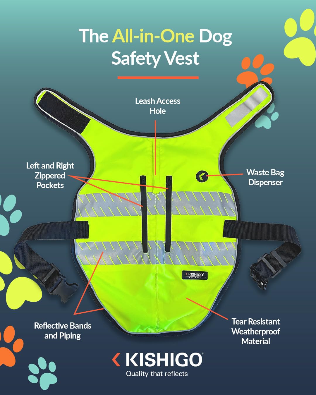 Reflective Dog Safety Vest, Harness and Collar Compatible, Waste Bag Holder, Water Resistant, Adjustable Neck and Chest, Day or Night Walking, High-Visibility Protection (Lime, L)
