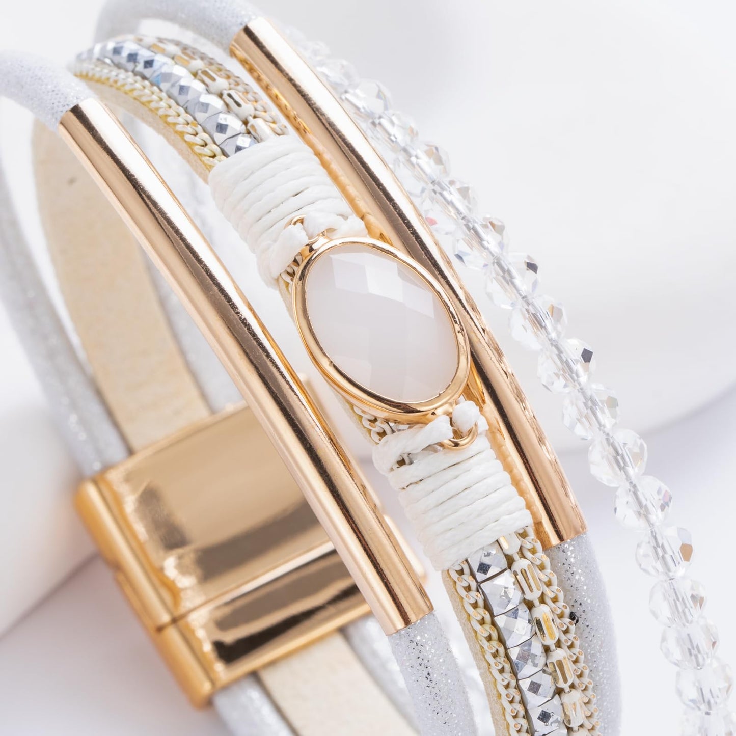 FANCY SHINY Leather Wrap Bracelets Crystal Beads Bracelet Boho Cuff Stone Charm Bracelets with Clasp Costume Jewelry for Women(White)