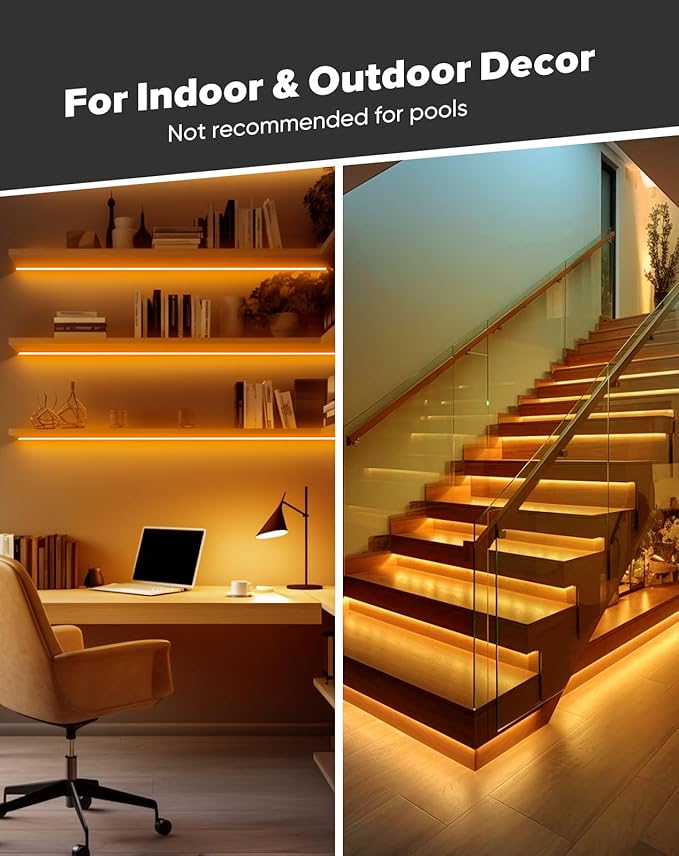 Shine Decor COB LED Rope Light AC 120V, 800lm Ultra Bright, IP65 Waterproof Cold-Resistant ETL Neon Strip, No Driver Tape Lighting for Home Commercial 10x4.5mm, Amber, 50ft