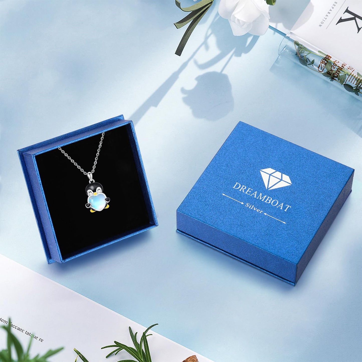Dreamboat Penguin Pendant Necklace for Women 925 Sterling Silver Moonstone Animal Jewelry Christmas Birthday Gifts for Penguins Lovers