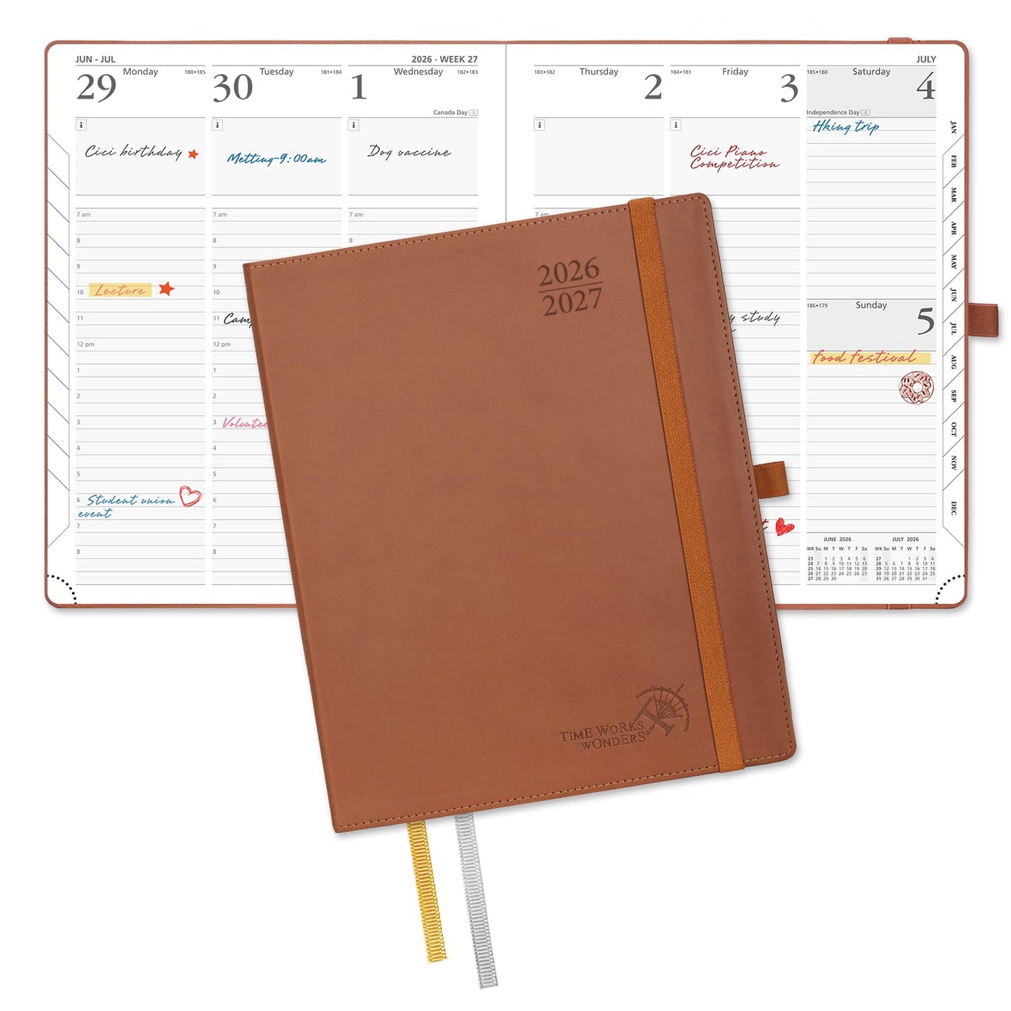 POPRUN Planner 2026-2027, Large-8.5" x 10.5", Academic Planner 2026-2027 Weekly and Monthly (July 26-June 27) Hourly Appointment Book with Inner Pockets, Leather Soft Cover, 100GSM - Brown