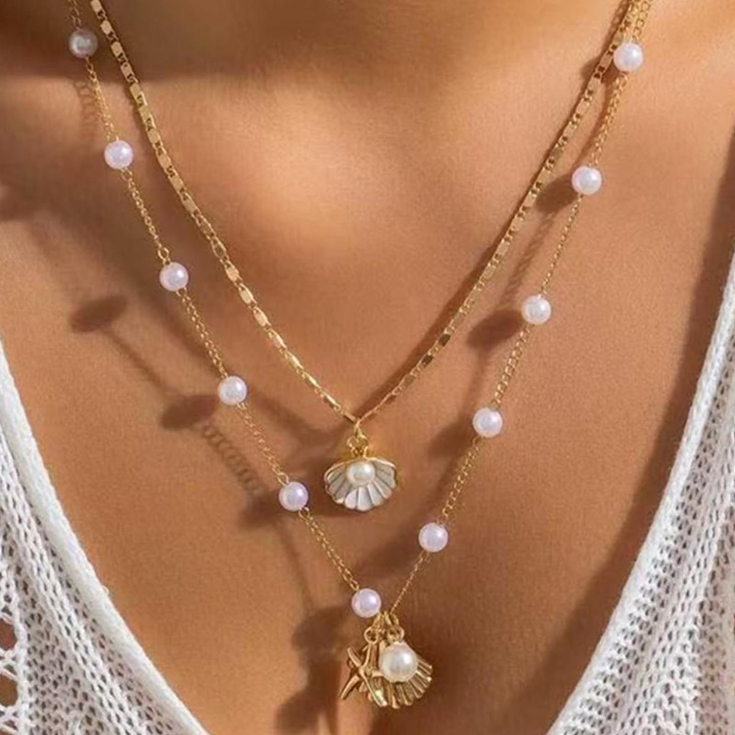 KummerSaprk Seashell Necklace Summer Vacation Jewelry for Women Gold Beachy Necklace Stack Starfish Flower Cowrie Sea Shell Pendant Necklaces Summer Essentials Accessories Gifts