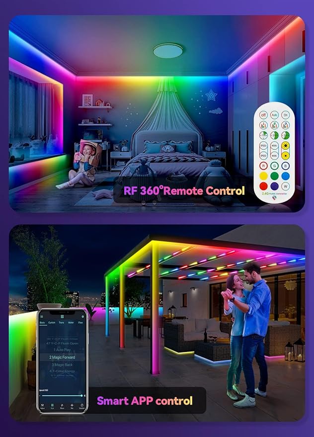 53FT Continuous RGB+IC Outdoor Led Strip Lights Waterproof with RF Remote & Bluetooth Music Sync App Control, Long Color Changing LED Rope Lights,IP67,24V (RGB+IC, 53FT)