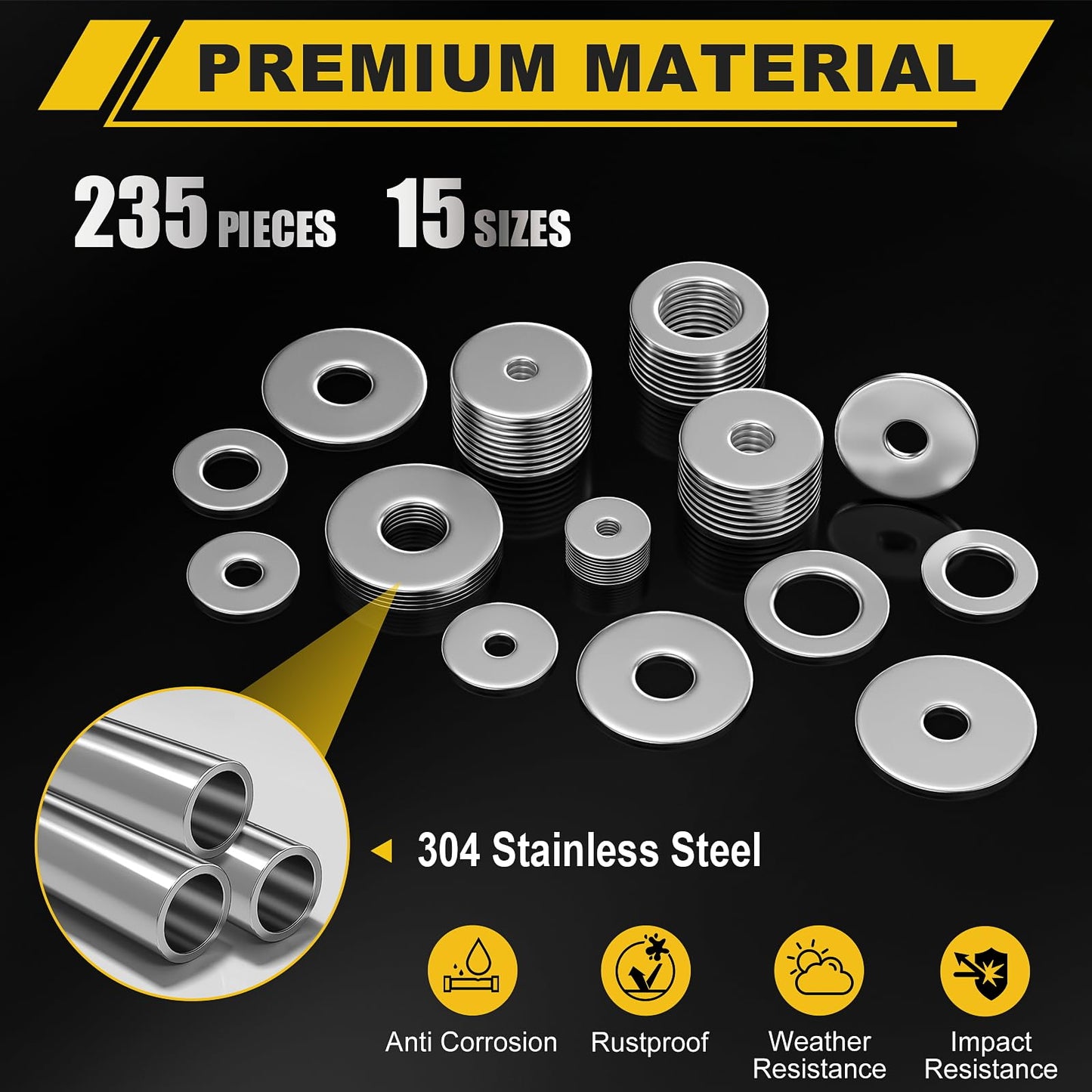 WIESVOP 235Pcs Fender Washers, 304 Stainless Steel Flat Washers Assortment Kit, 15 Different Sizes M3 M4 M5 M6 M8 M10 M12 Metal Washers for Screws Bolts Hardware for Various Home Industrial Automotive
