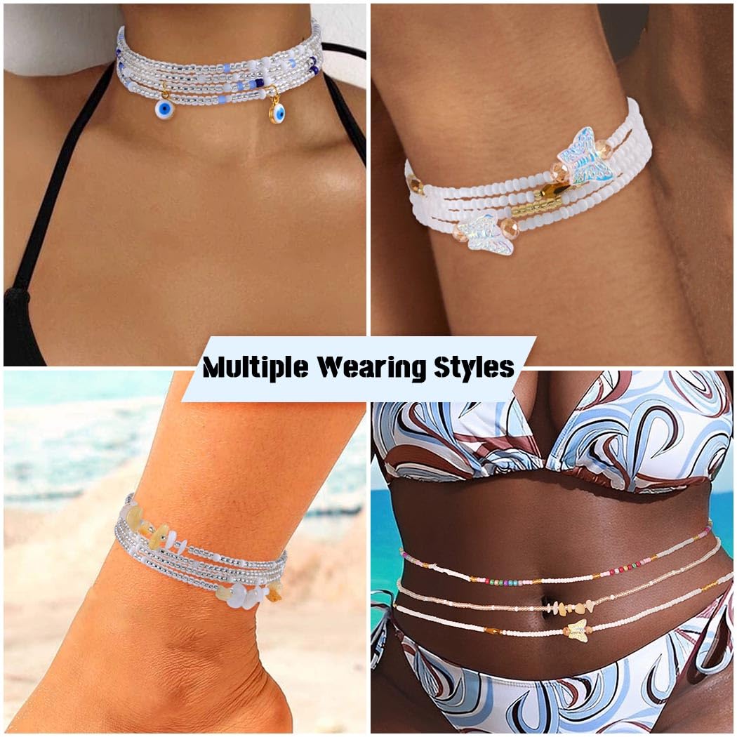 ELABEST 24-39inch African Waist Beads for Women 8Pcs Elastic Belly Beads Colorful Beaded Waist Jewelry Accessories Body Chain (White, 23.6inch/60cm)