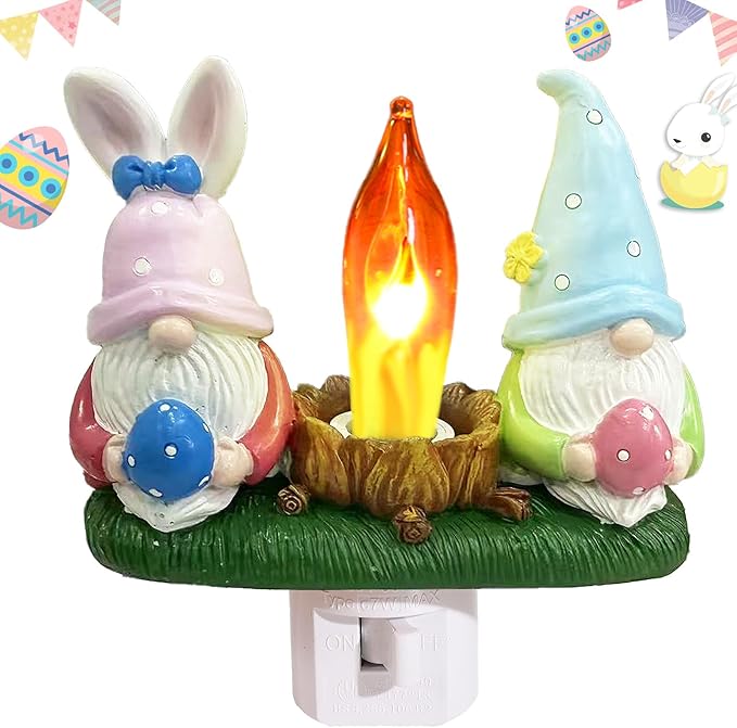 Gnome Campfire Flickering Nightlight, Easter Night Light Plug Into Wall with Switch, Gnomes LED Lamp for Spring Hallway Stair Bedroom Easter Decoration